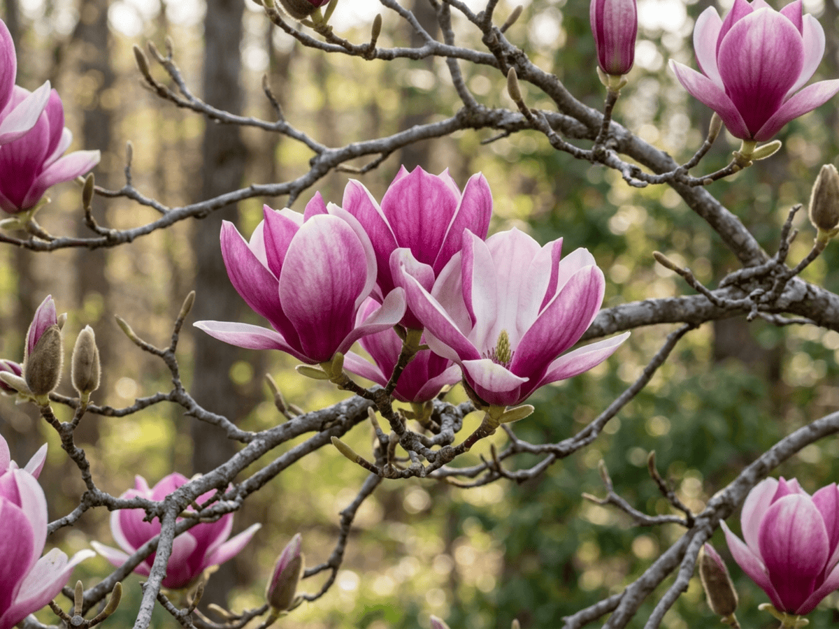 Tulpen-Magnolie — Nahaufnahme von Blättern und Blüten