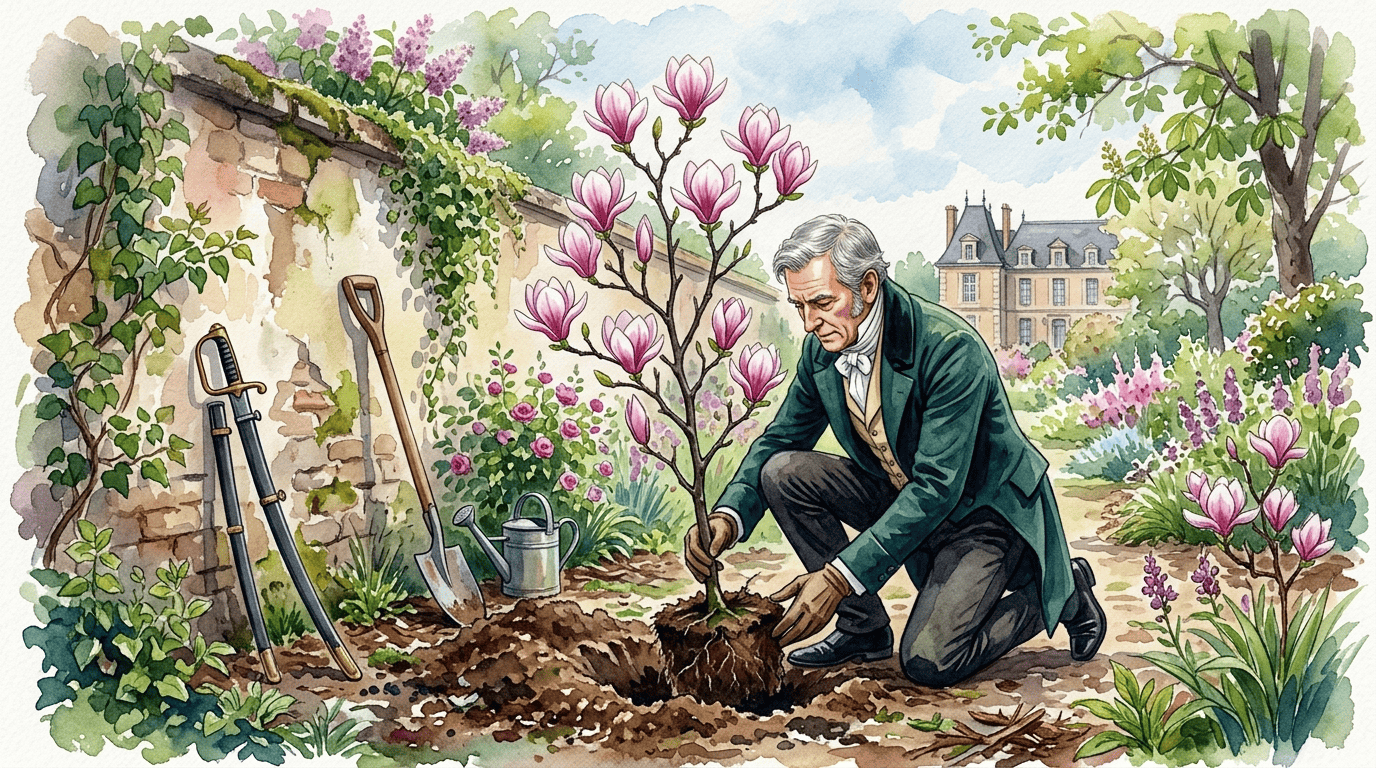 Illustrierte historische Szene zu Tulpen-Magnolie