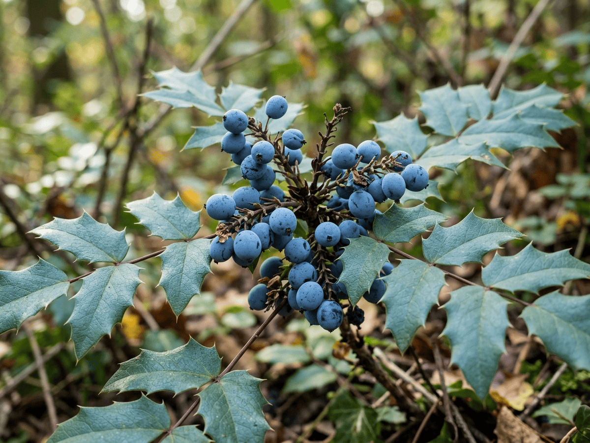 Mahonia rampant — gros plan sur feuilles et fleurs