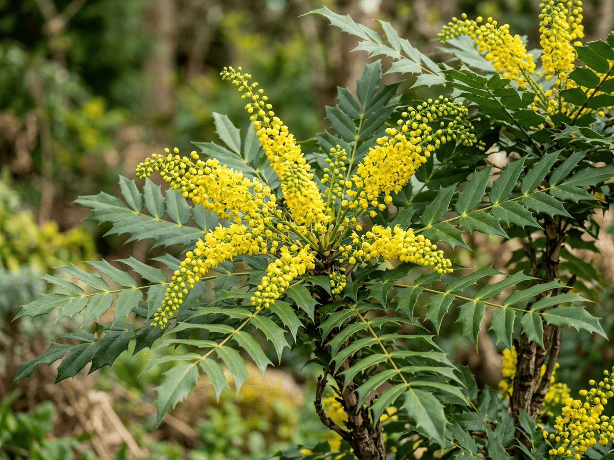 Mahonie — Nahaufnahme von Blättern und Blüten