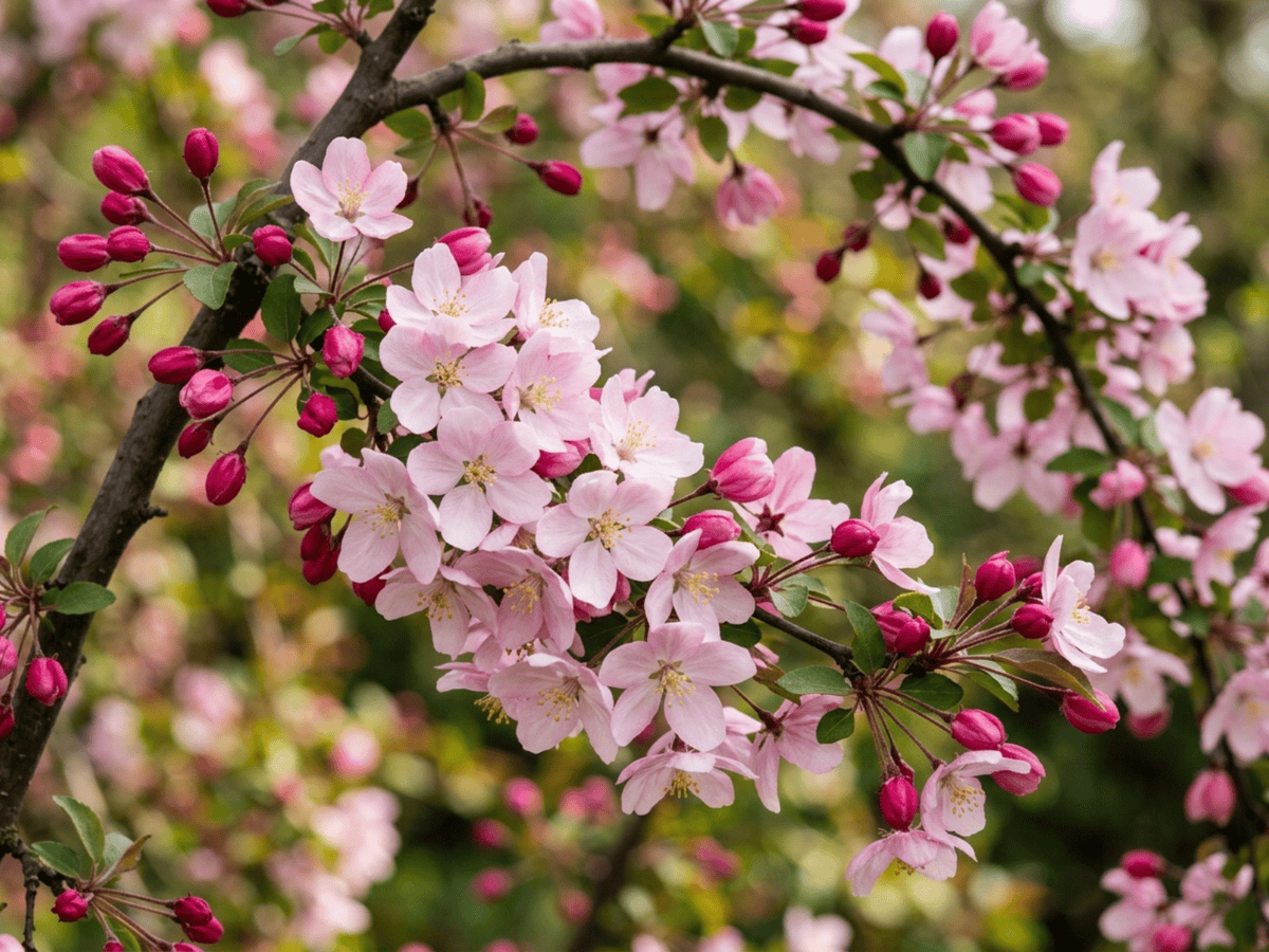 Japanischer Zierapfel — Nahaufnahme von Blättern und Blüten
