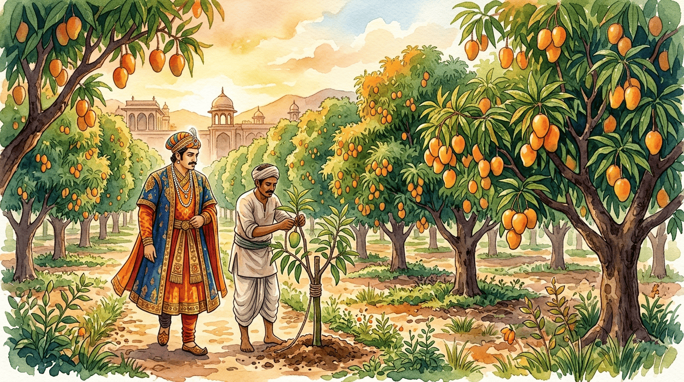 Illustrated historical scene for Indian Mango
