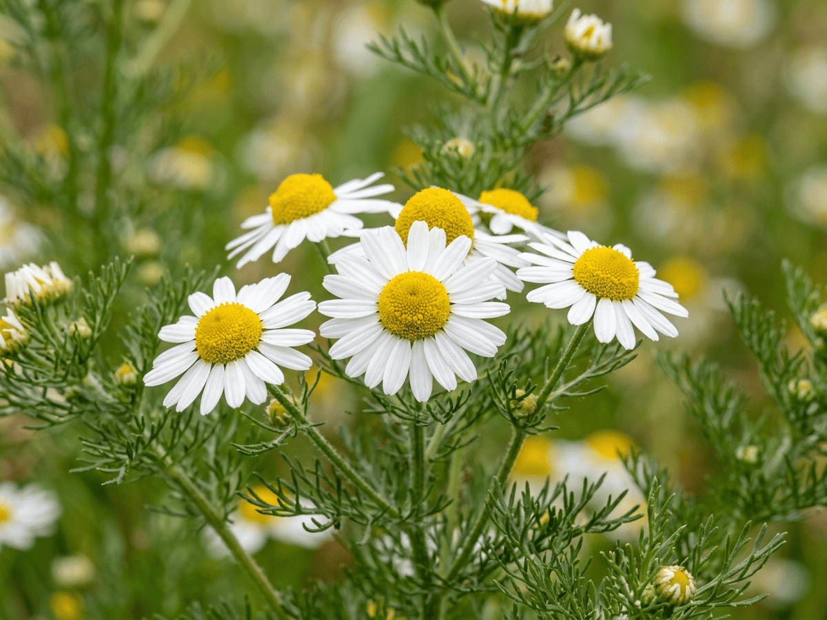 Camomille allemande — gros plan sur feuilles et fleurs
