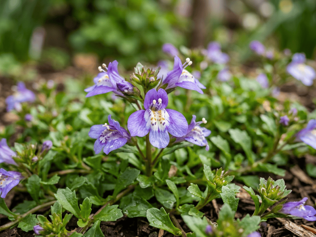 Mazus strisciante — primo piano di foglie e fiori