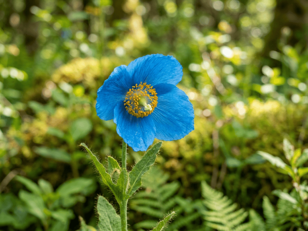 Papavero azzurro dell'Himalaya — primo piano di foglie e fiori