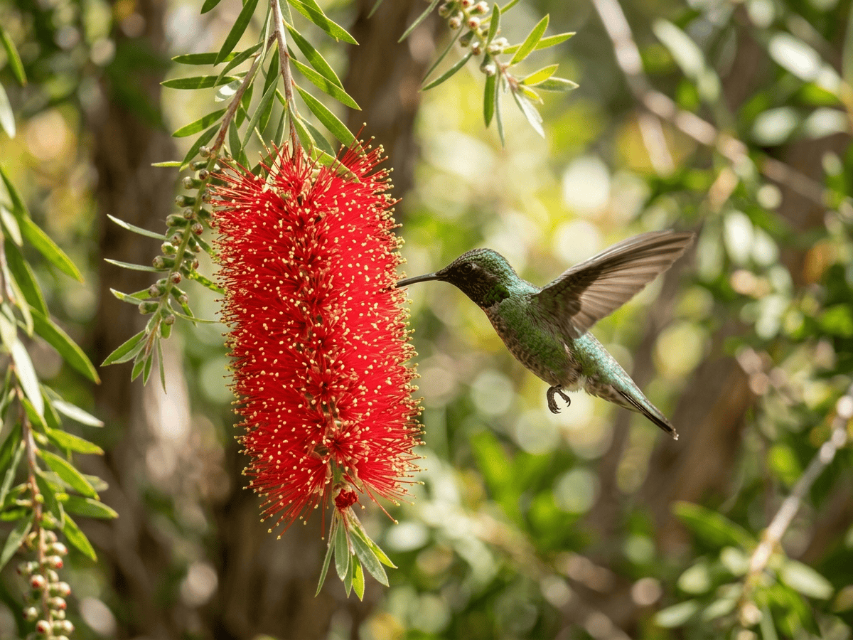 Crimson Bottlebrush — close-up of leaves and flowers