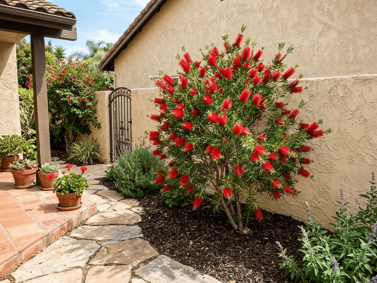 Crimson Bottlebrush in a garden setting