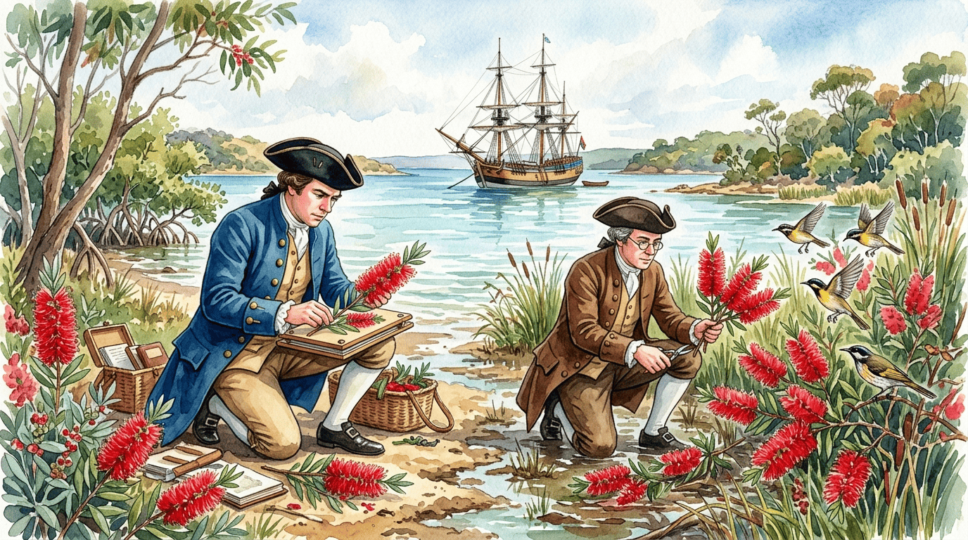 Illustrated historical scene for Crimson Bottlebrush