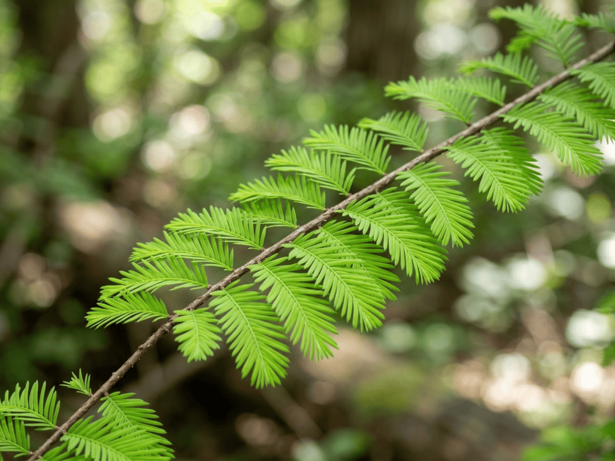 Métaséquoia de Chine — gros plan sur feuilles et fleurs