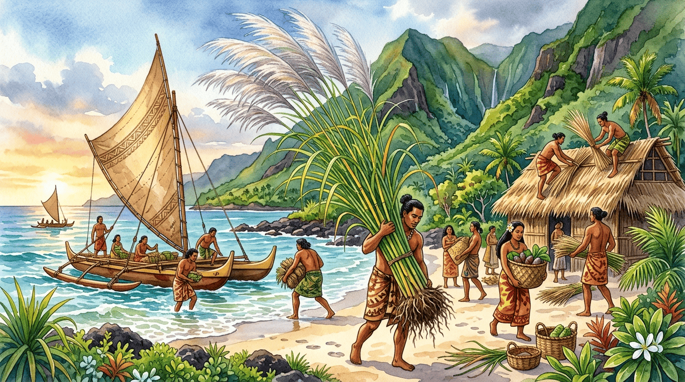 Escena histórica ilustrada de hierba plateada del Pacífico