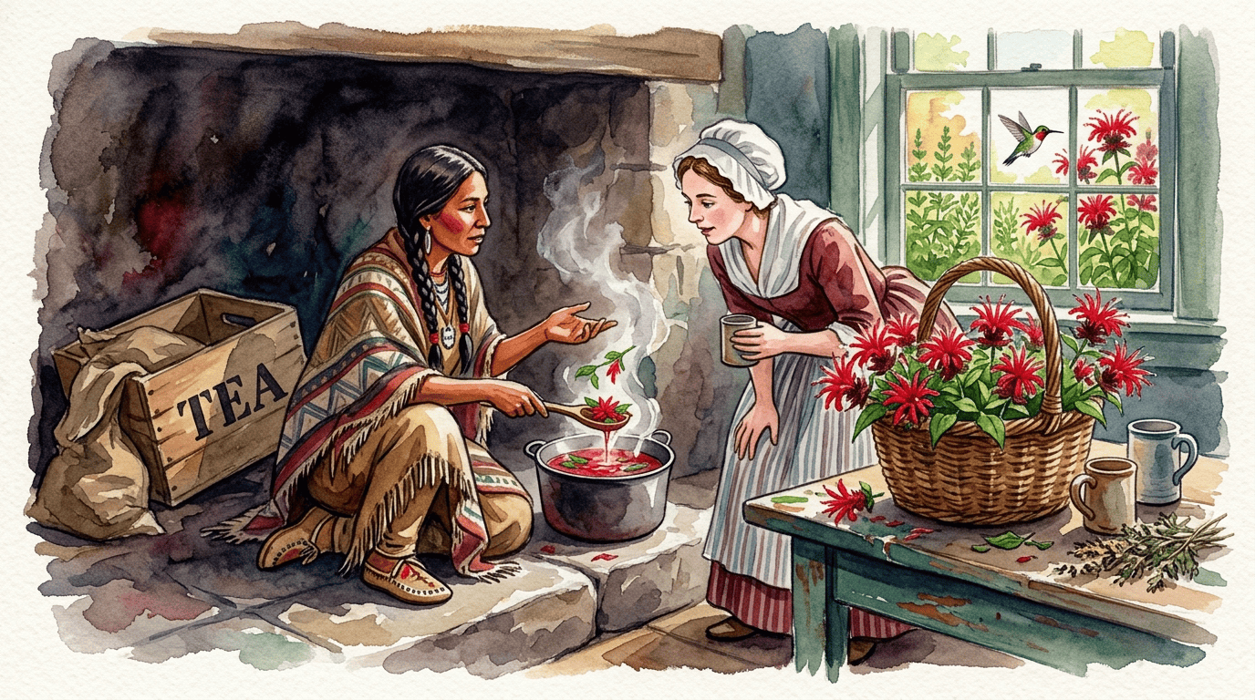 Illustrated historical scene for Scarlet Beebalm