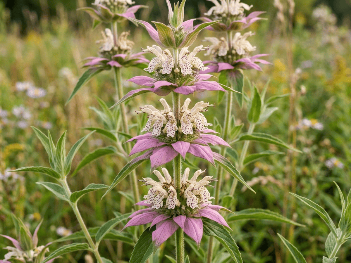 monarda moteada — primer plano de hojas y flores