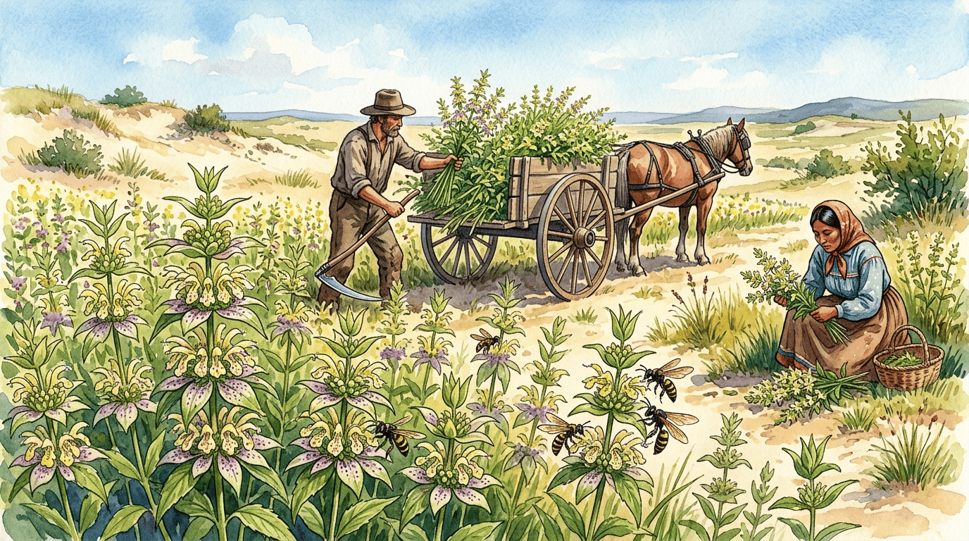 Escena histórica ilustrada de monarda moteada