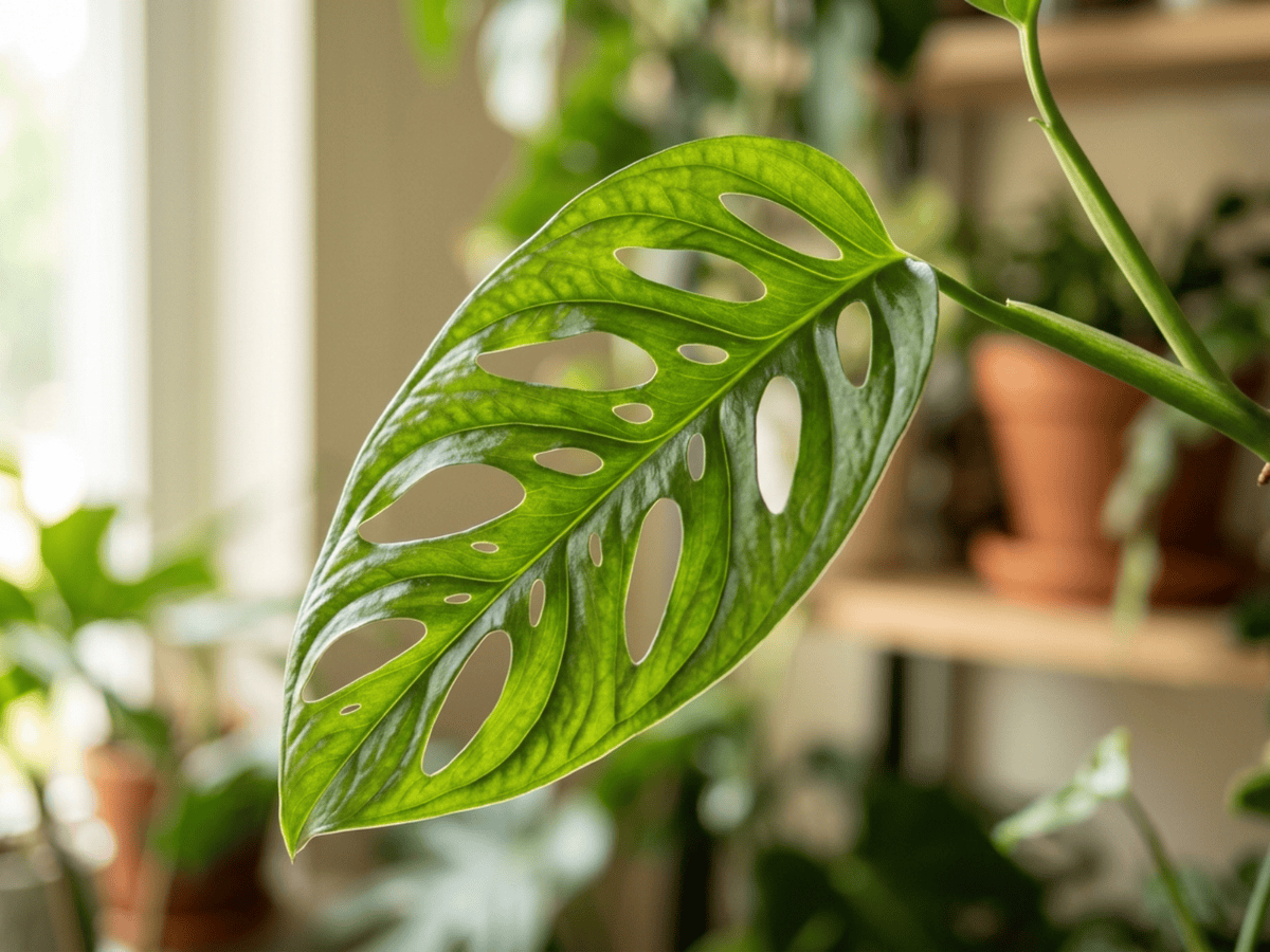 Monstera adansonii — primo piano di foglie e fiori