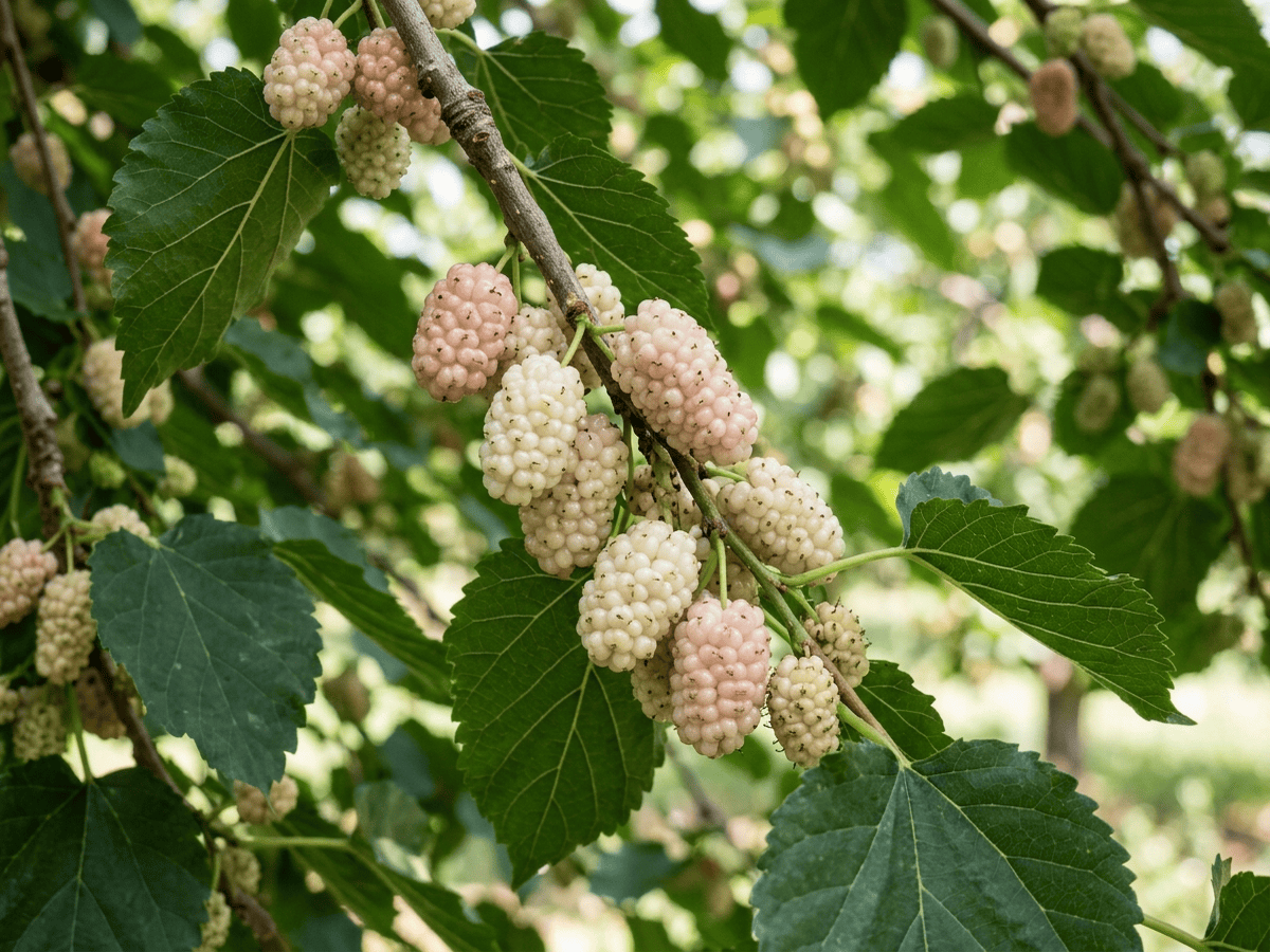 Gelso bianco — primo piano di foglie e fiori