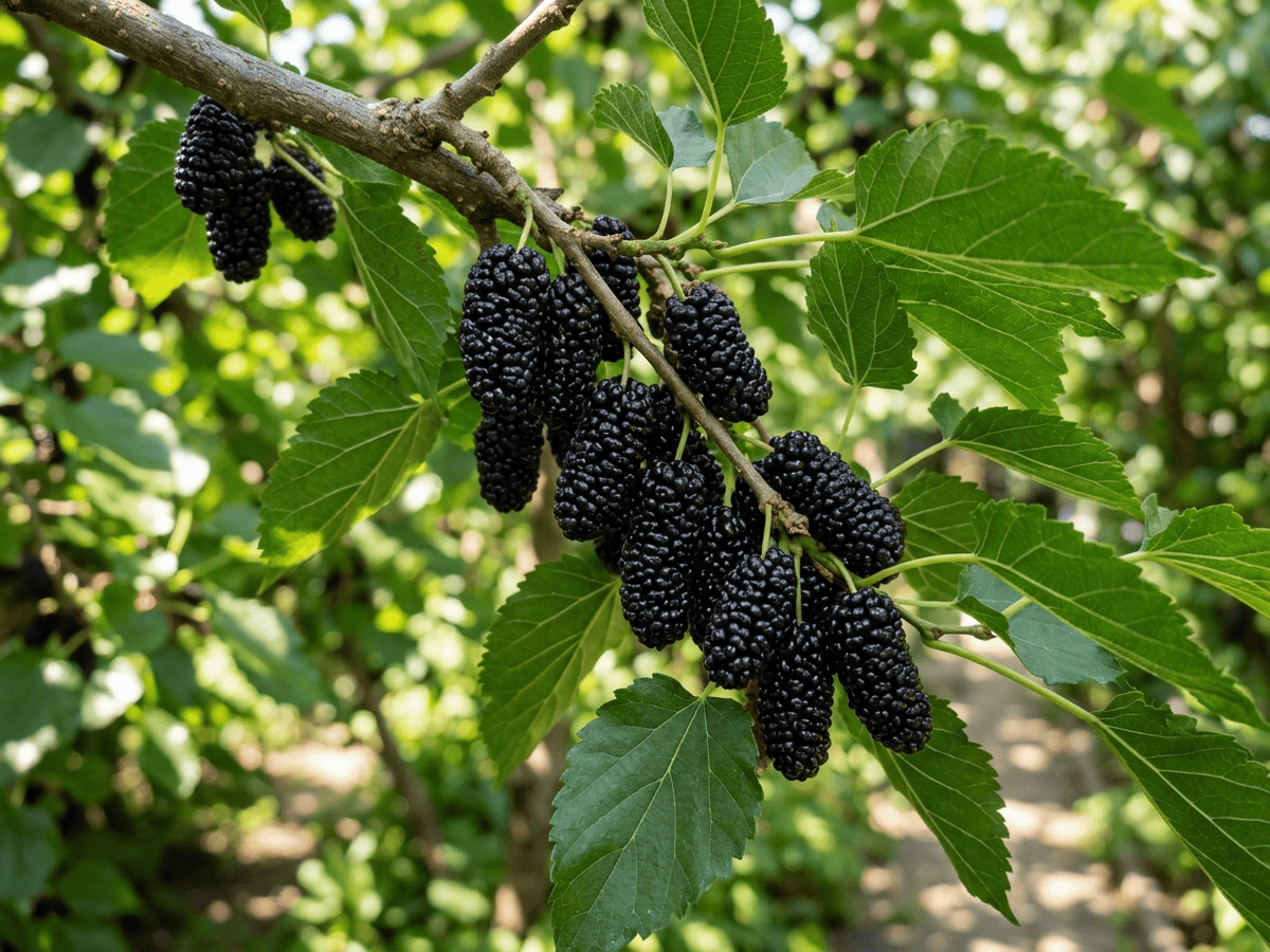 Mûrier noir — gros plan sur feuilles et fleurs