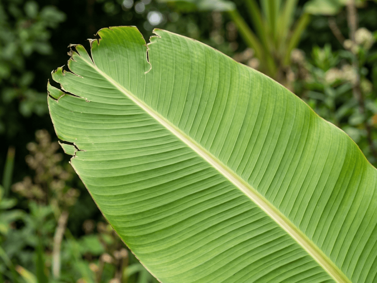 Japanische Faserbanane — Nahaufnahme von Blättern und Blüten
