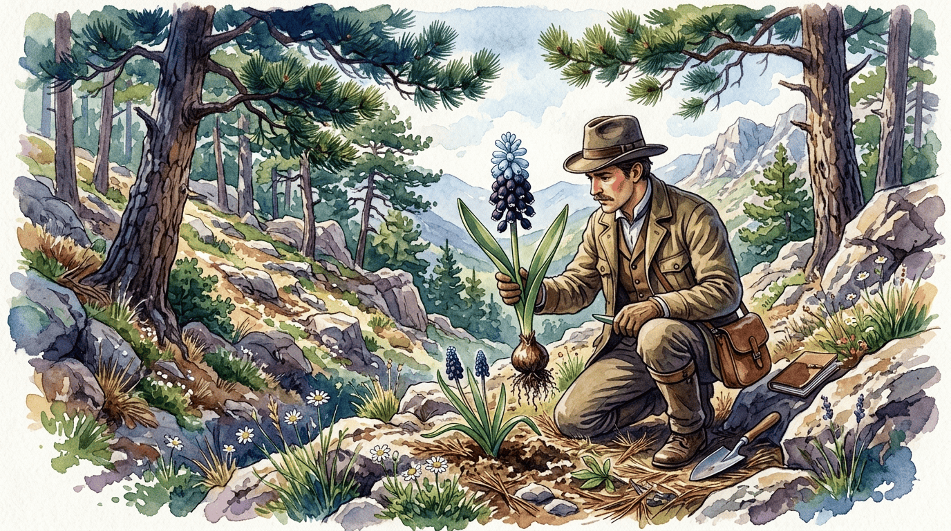 Escena histórica ilustrada de jacinto de uva de hoja ancha