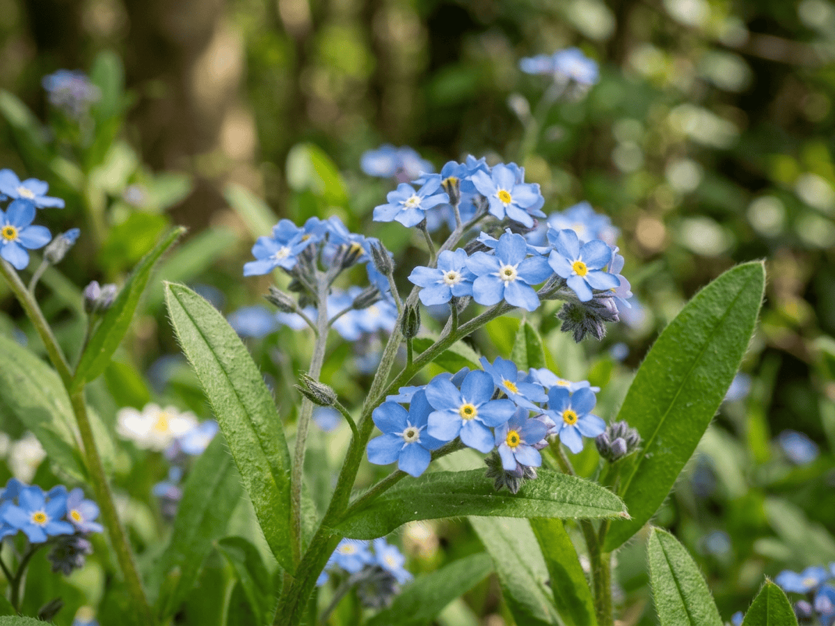 Wald-Vergissmeinnicht — Nahaufnahme von Blättern und Blüten