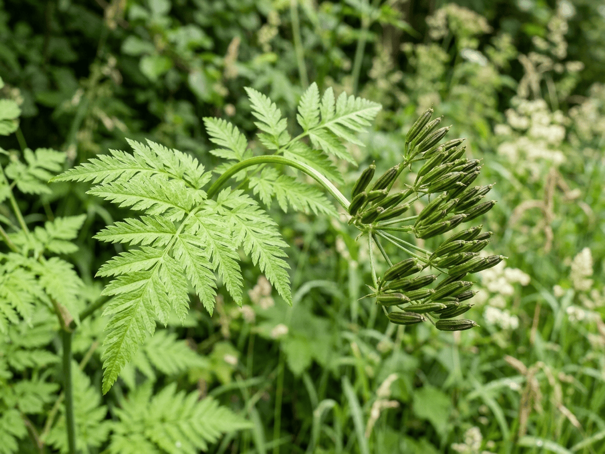 Mirride odorosa — primo piano di foglie e fiori