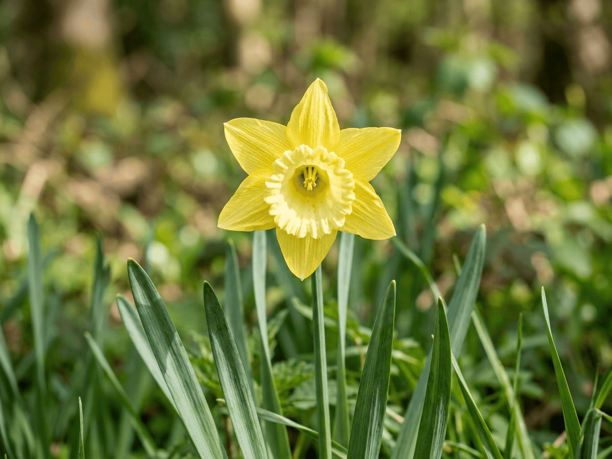 Gelbe Narzisse — Nahaufnahme von Blättern und Blüten