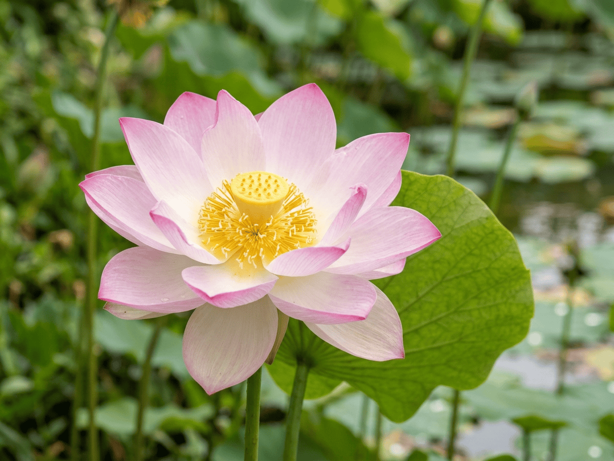 Lotus sacré — gros plan sur feuilles et fleurs
