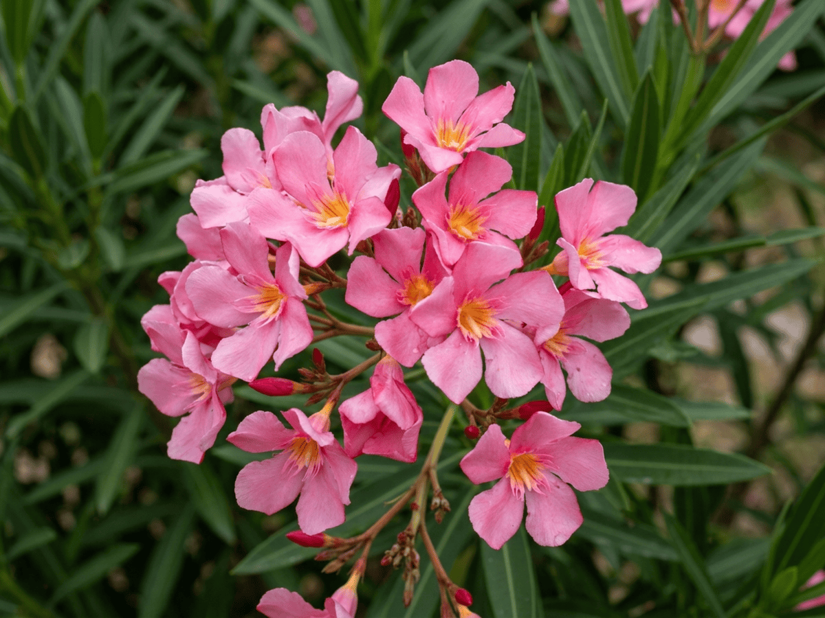 Oleander — Nahaufnahme von Blättern und Blüten