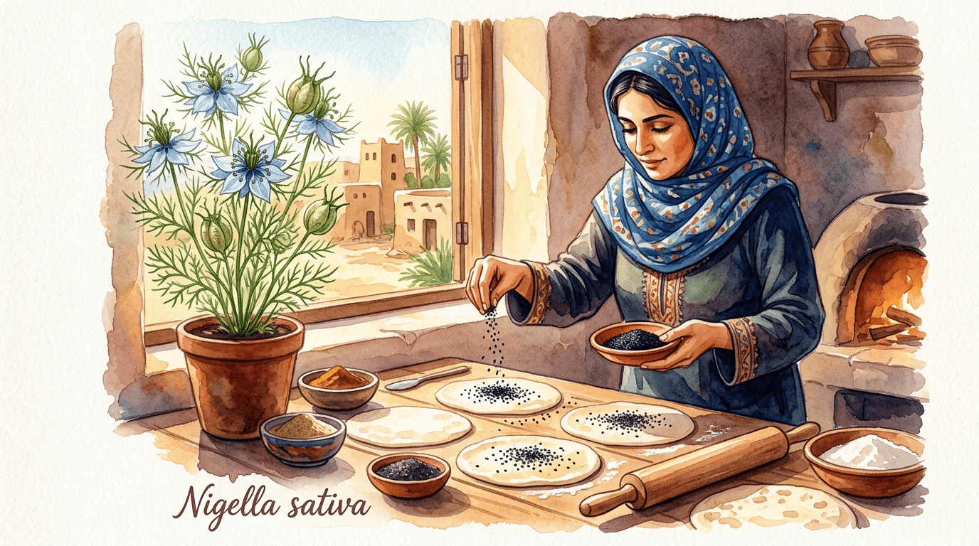 Scène historique illustrée pour Nigelle cultivée