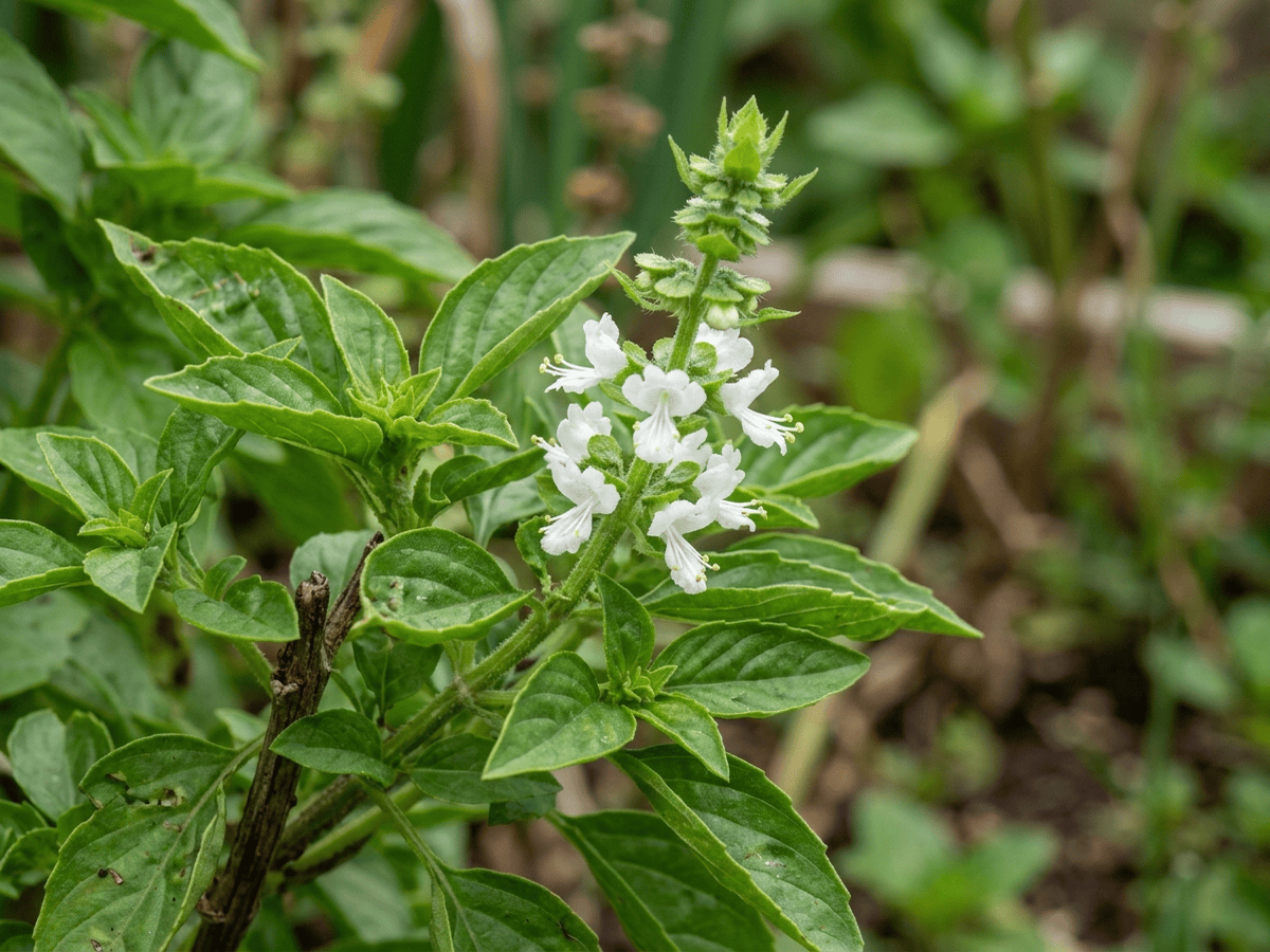 Albahaca Dulce — primer plano de hojas y flores