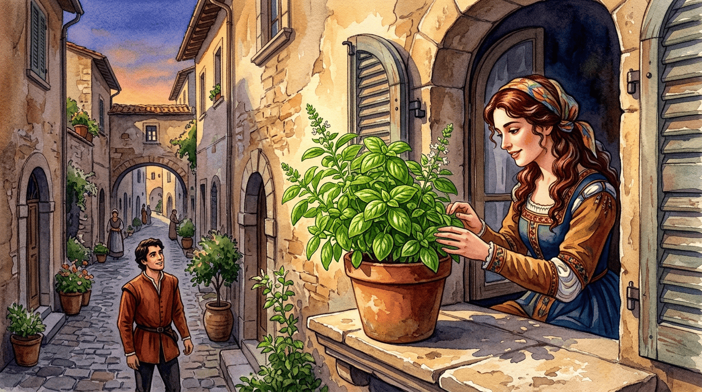 Escena histórica ilustrada de Albahaca Dulce