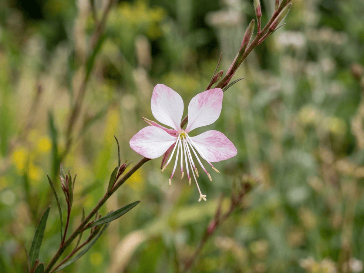 Enagra di Lindheimer — primo piano di foglie e fiori