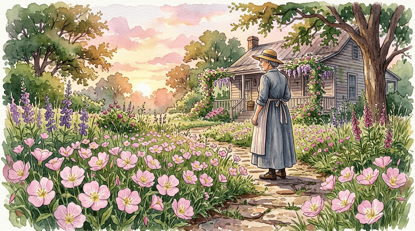 Escena histórica ilustrada de Onagra rosa