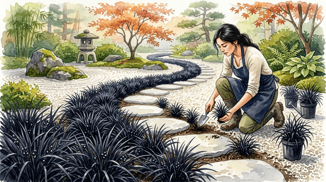 Escena histórica ilustrada de hierba mondo negra 'Nigrescens'