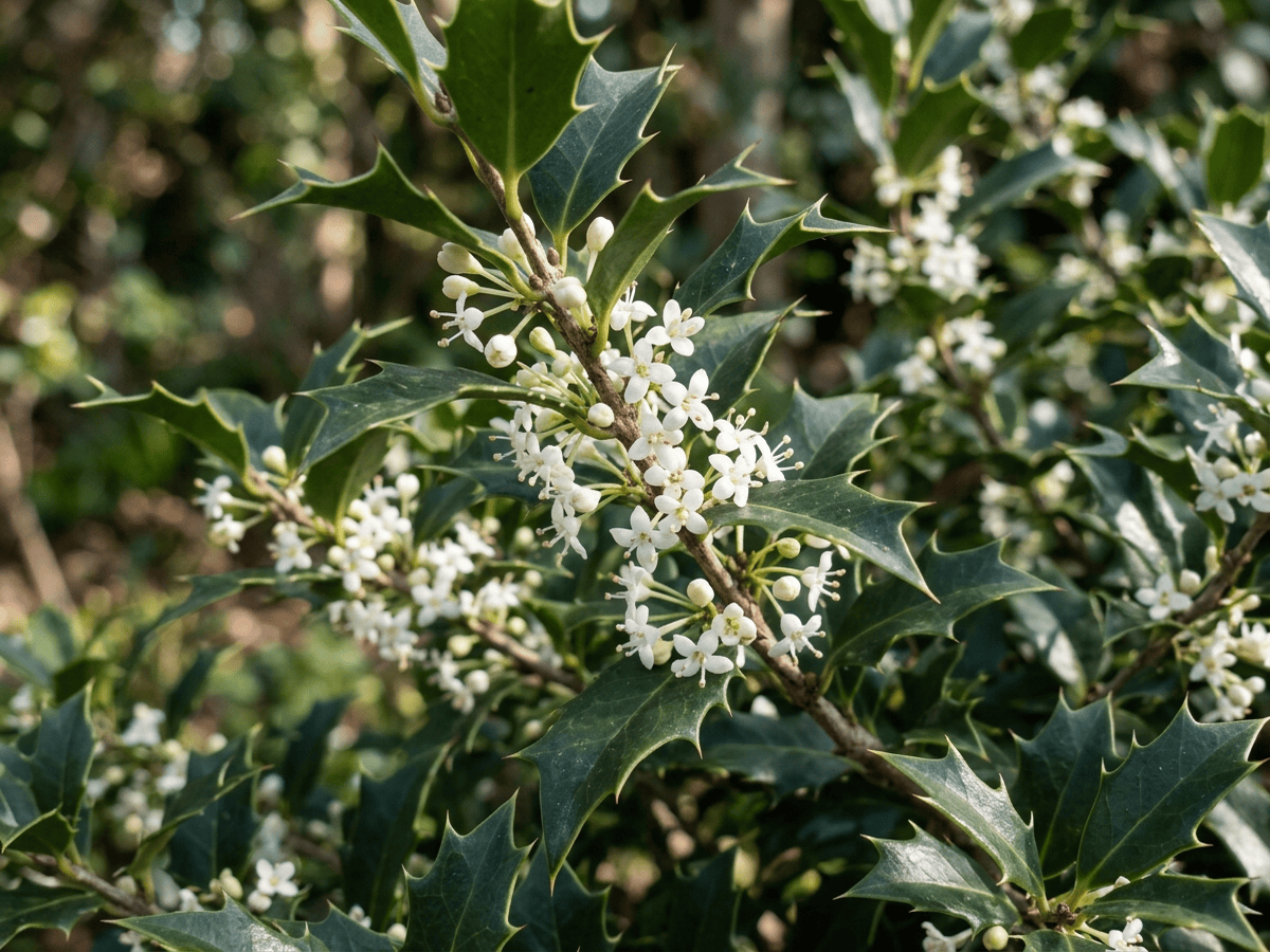 Osmanto agrifoglio — primo piano di foglie e fiori