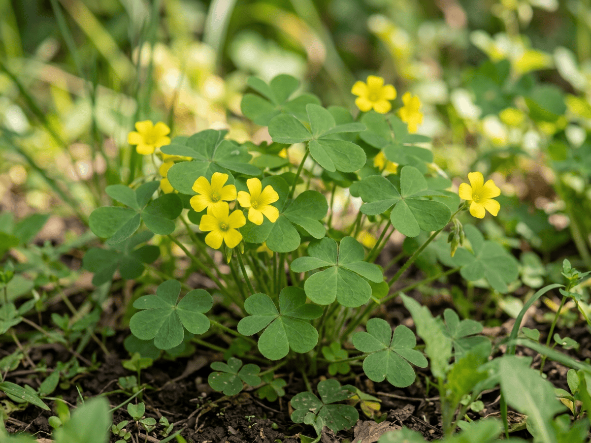 Aufrechter Sauerklee — Nahaufnahme von Blättern und Blüten