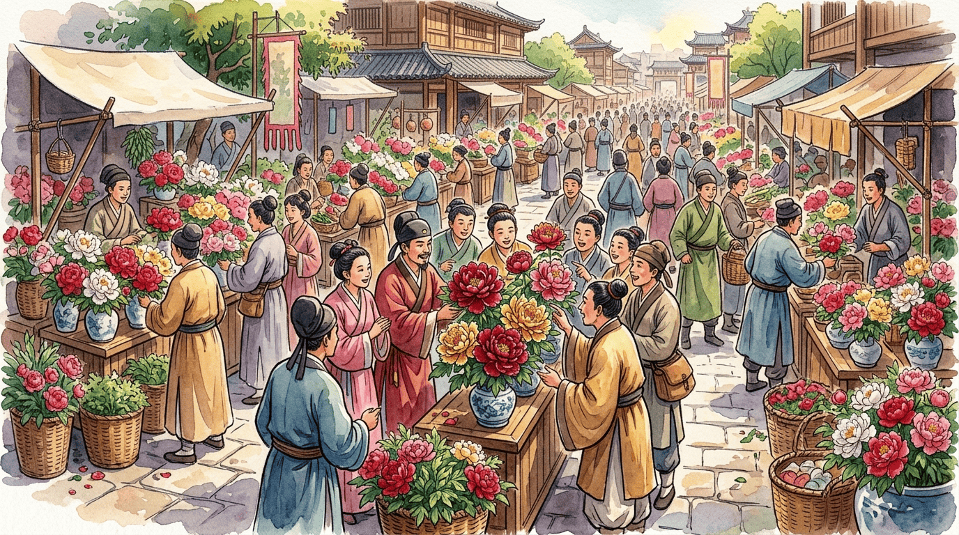 Illustrated historical scene for Chinese Peony
