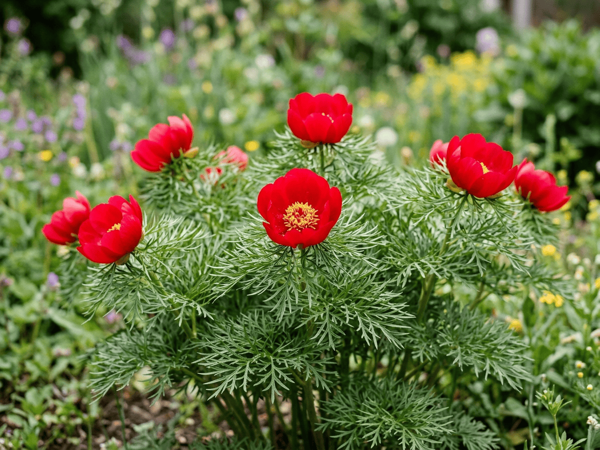 Fern-Leaf Peony — close-up of leaves and flowers