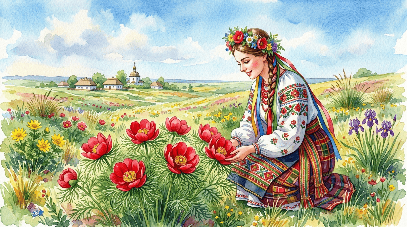 Illustrated historical scene for Fern-Leaf Peony