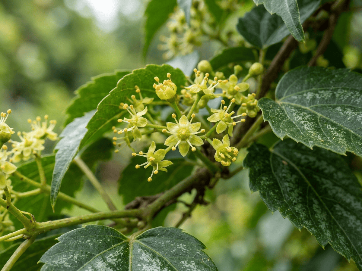 Chinese Virginia Creeper — close-up of leaves and flowers