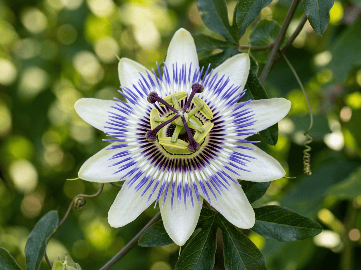 Blaue Passionsblume — Nahaufnahme von Blättern und Blüten