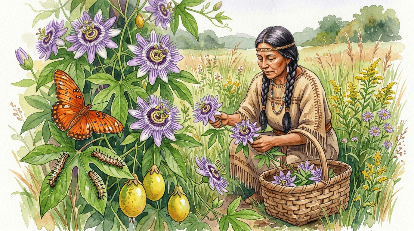 Illustrated historical scene for Purple Passionflower