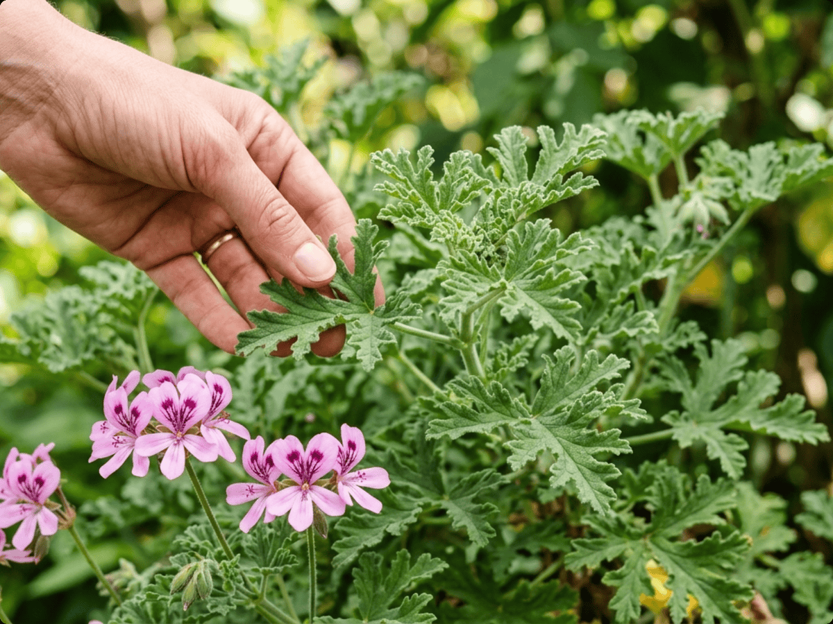 Géranium rosat — gros plan sur feuilles et fleurs