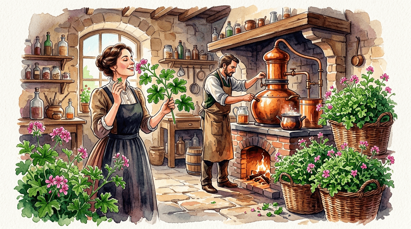 Scène historique illustrée pour Géranium rosat