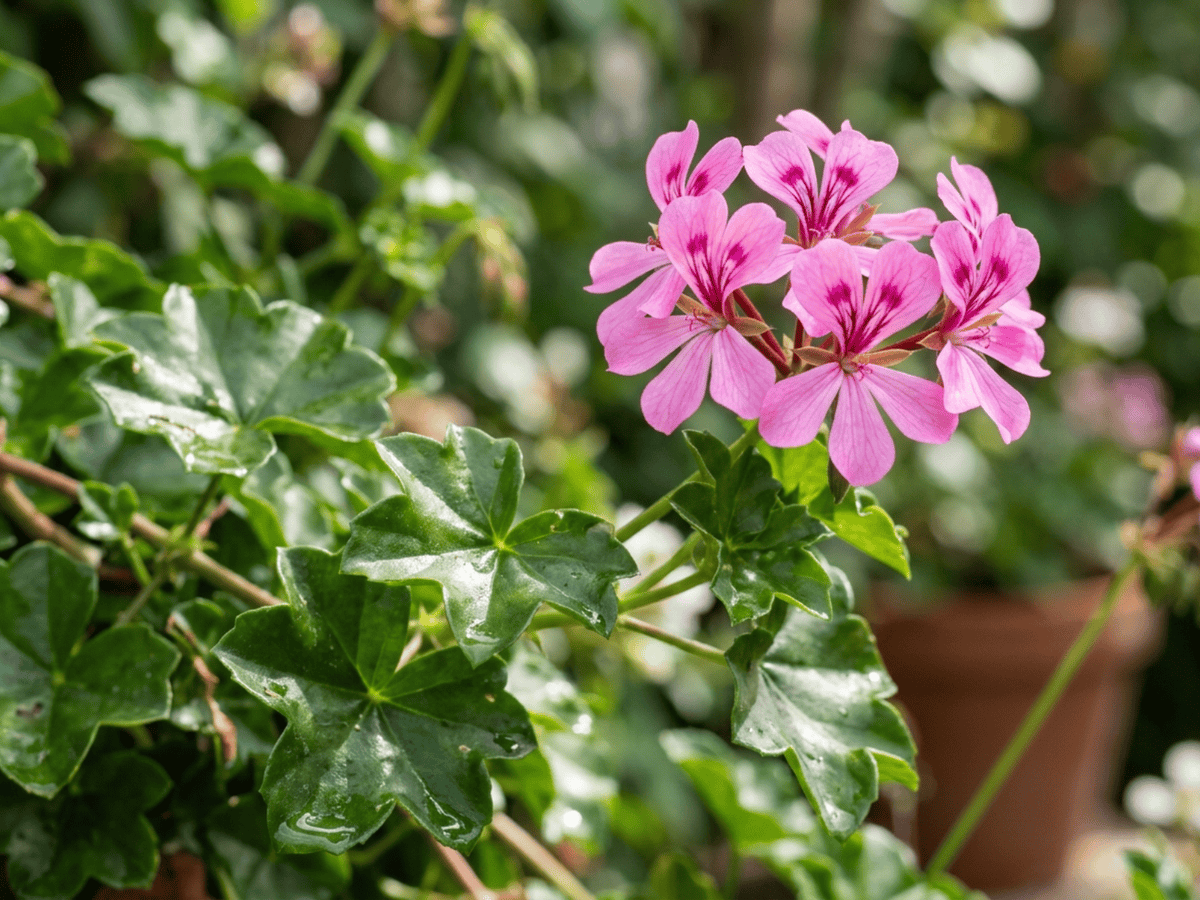 Hängegeranie — Nahaufnahme von Blättern und Blüten