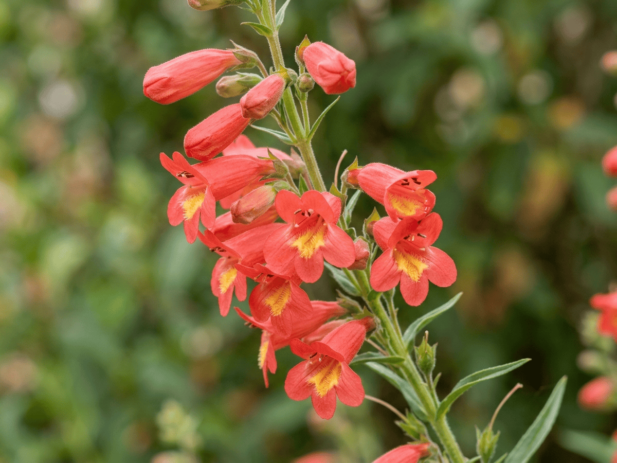Penstemon barbuto — primo piano di foglie e fiori