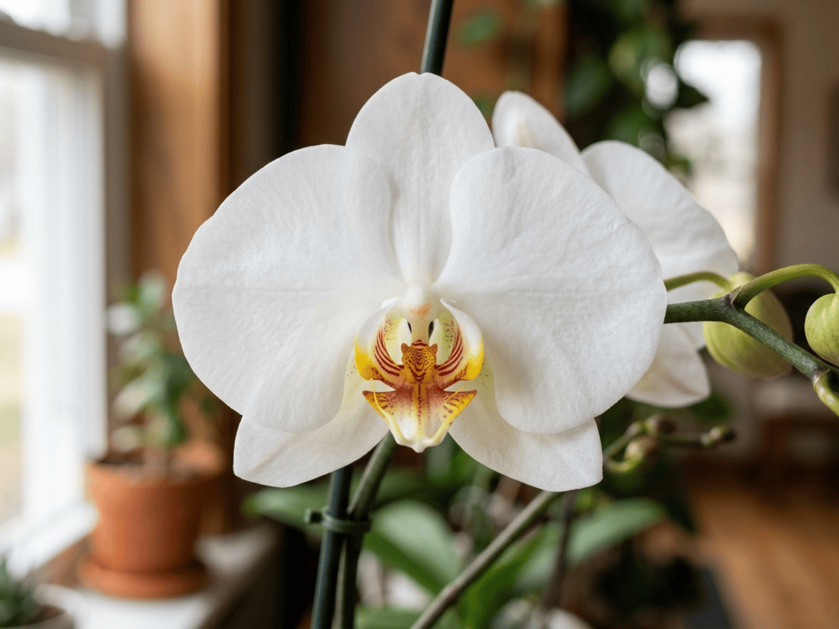 Orchidea falena — primo piano di foglie e fiori