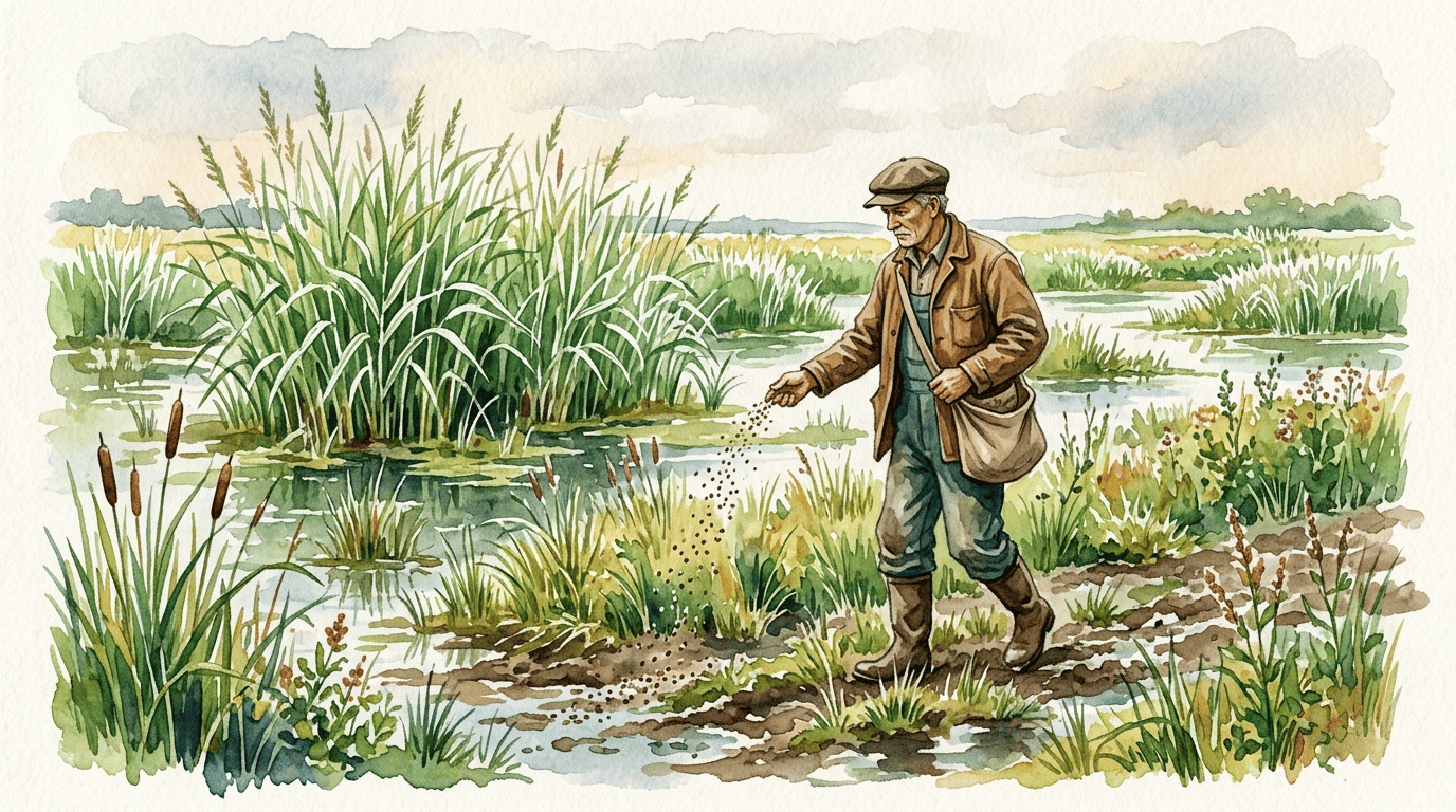 Illustrierte historische Szene zu Rohrglanzgras