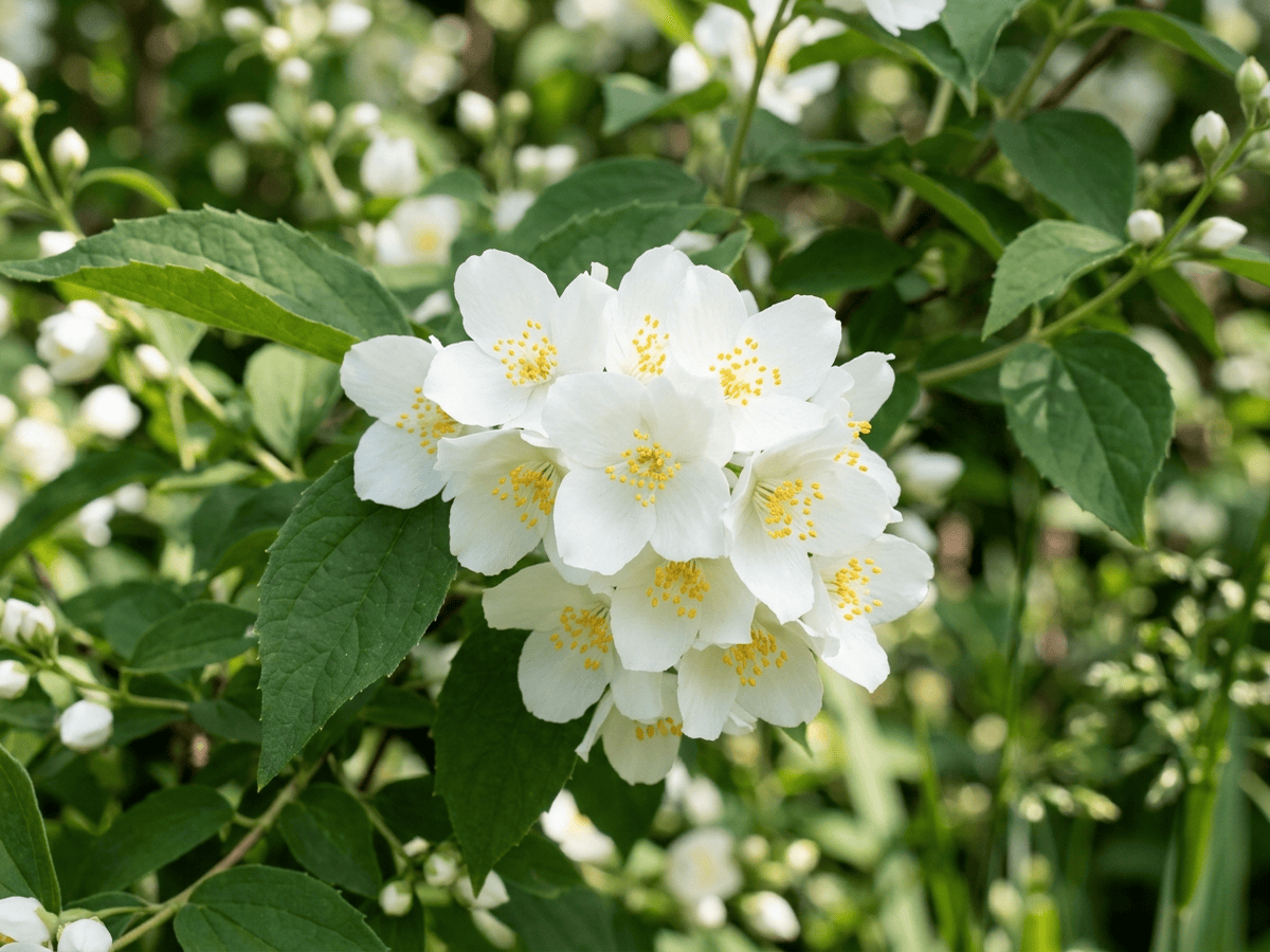 Oregon-Pfeifenstrauch — Nahaufnahme von Blättern und Blüten