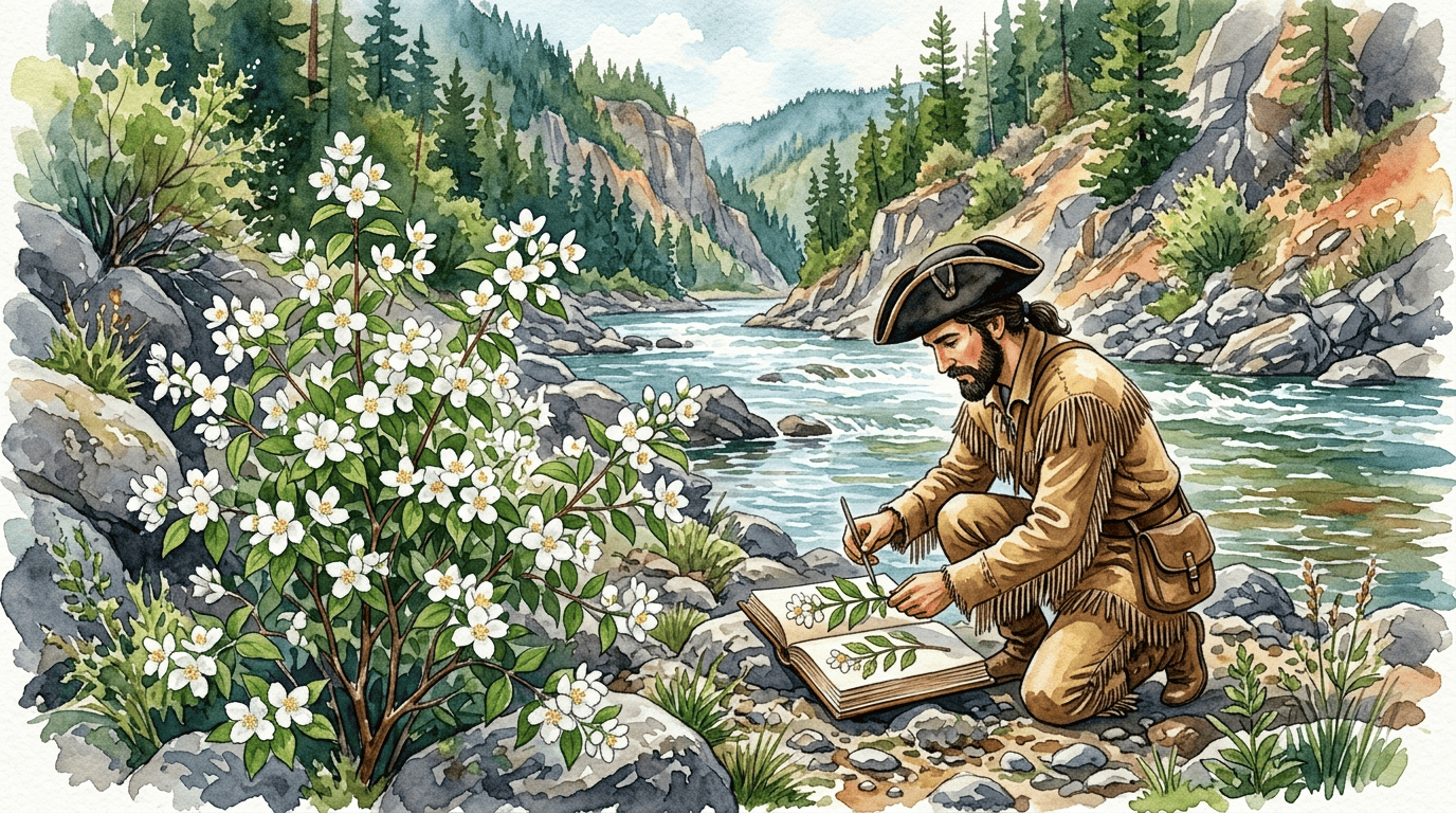Illustrierte historische Szene zu Oregon-Pfeifenstrauch