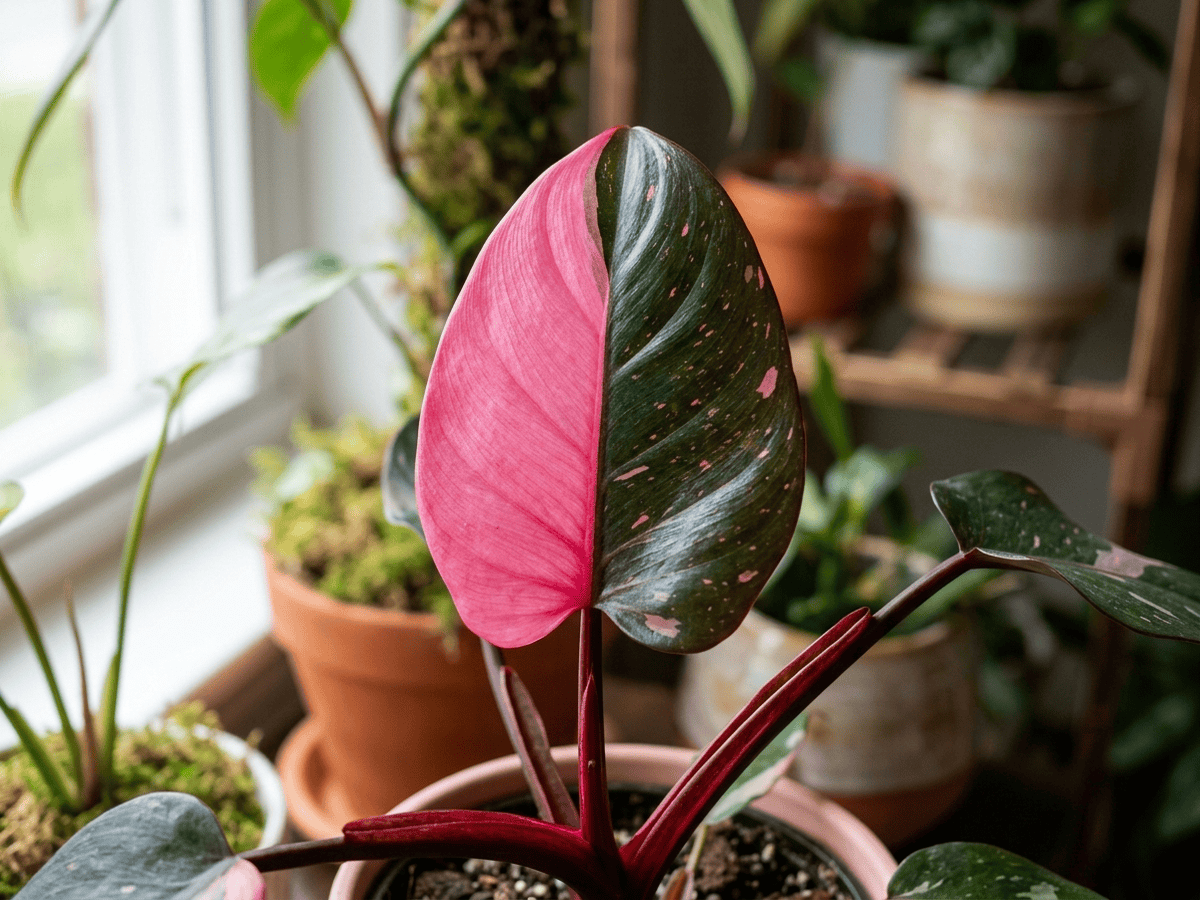 Philodendron rougissant — gros plan sur feuilles et fleurs